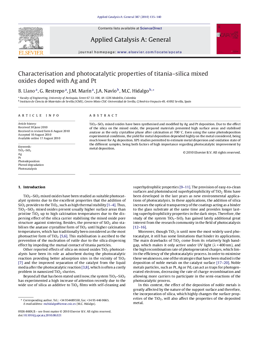 Characterisation and photocatalytic properties of titania–silica mixed oxides doped with Ag and Pt