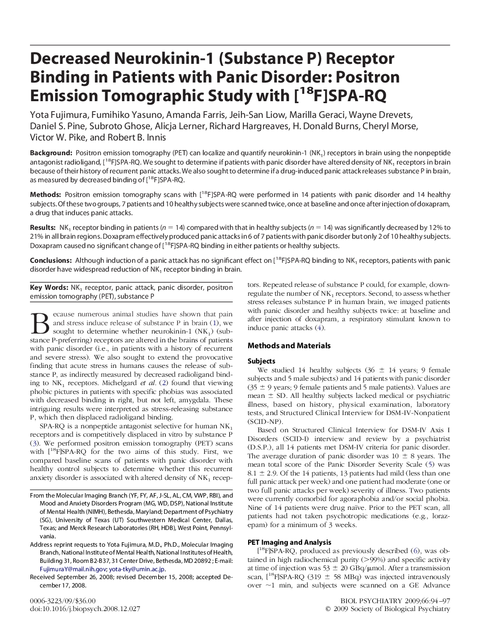 Decreased Neurokinin-1 (Substance P) Receptor Binding in Patients with Panic Disorder: Positron Emission Tomographic Study with [18F]SPA-RQ