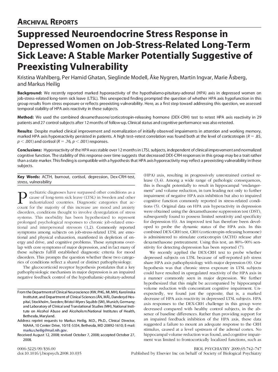 Suppressed Neuroendocrine Stress Response in Depressed Women on Job-Stress-Related Long-Term Sick Leave: A Stable Marker Potentially Suggestive of Preexisting Vulnerability