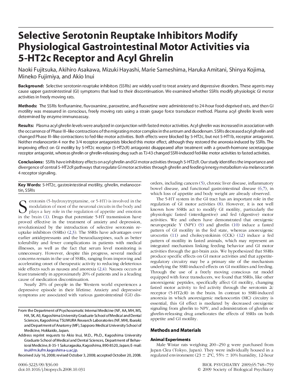 Selective Serotonin Reuptake Inhibitors Modify Physiological Gastrointestinal Motor Activities via 5-HT2c Receptor and Acyl Ghrelin