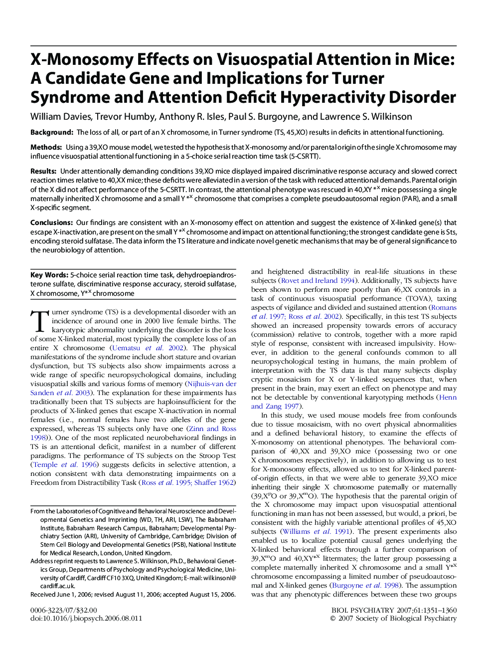 X-Monosomy Effects on Visuospatial Attention in Mice: A Candidate Gene and Implications for Turner Syndrome and Attention Deficit Hyperactivity Disorder