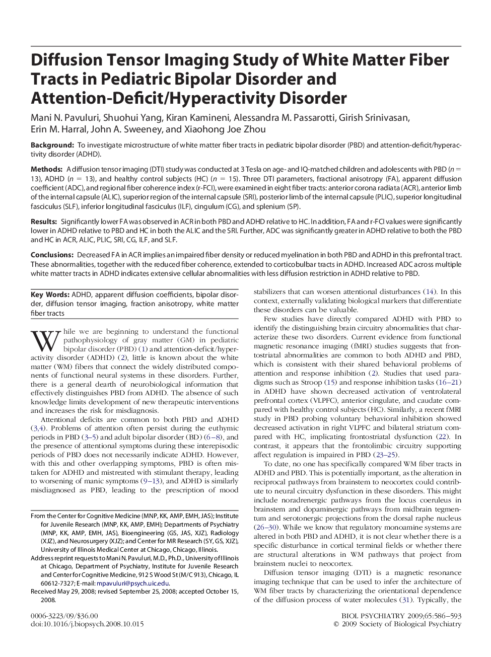 Diffusion Tensor Imaging Study of White Matter Fiber Tracts in Pediatric Bipolar Disorder and Attention-Deficit/Hyperactivity Disorder