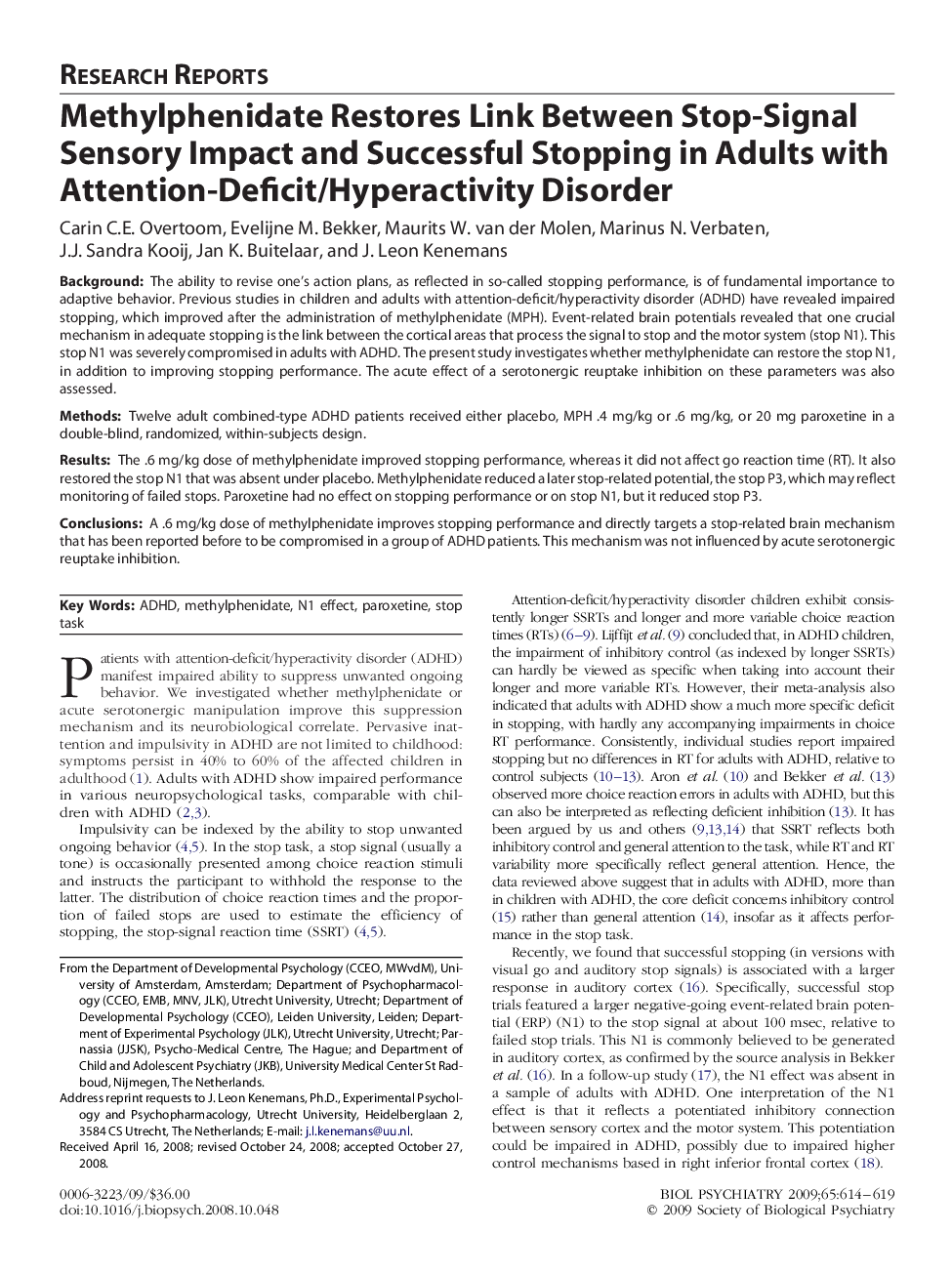 Methylphenidate Restores Link Between Stop-Signal Sensory Impact and Successful Stopping in Adults with Attention-Deficit/Hyperactivity Disorder