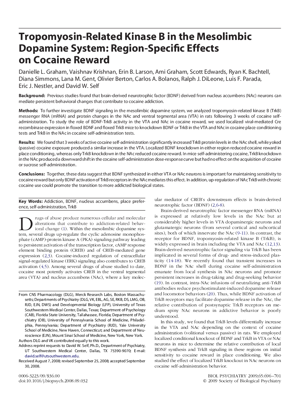 Tropomyosin-Related Kinase B in the Mesolimbic Dopamine System: Region-Specific Effects on Cocaine Reward 