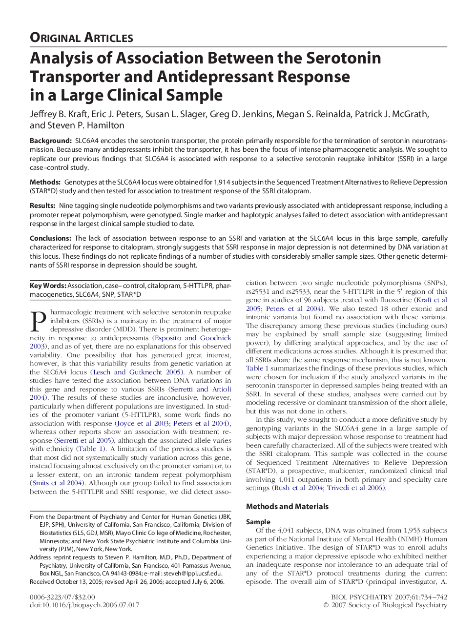 Analysis of Association Between the Serotonin Transporter and Antidepressant Response in a Large Clinical Sample