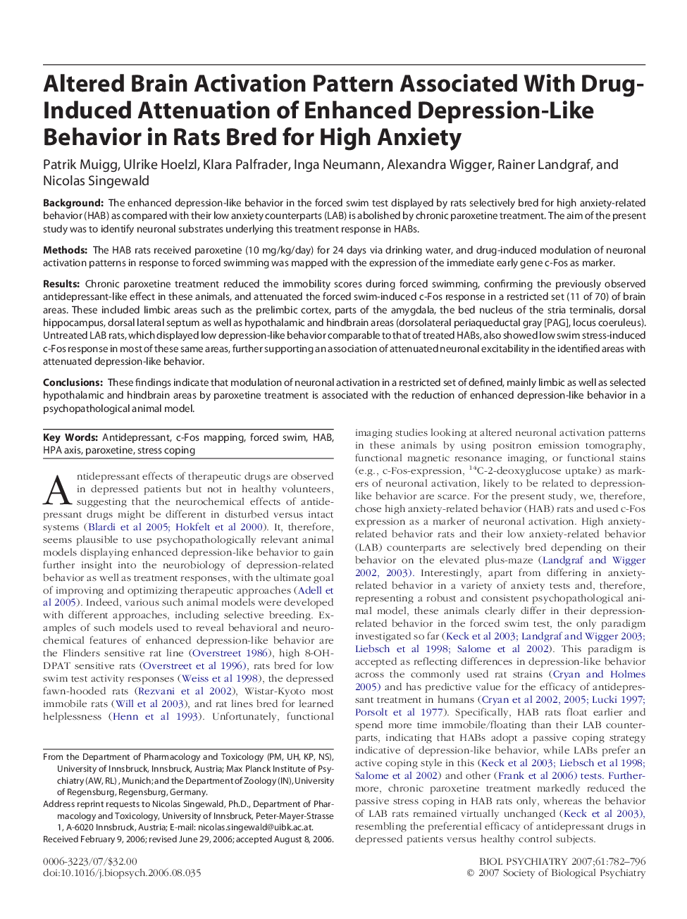 Altered Brain Activation Pattern Associated With Drug-Induced Attenuation of Enhanced Depression-Like Behavior in Rats Bred for High Anxiety