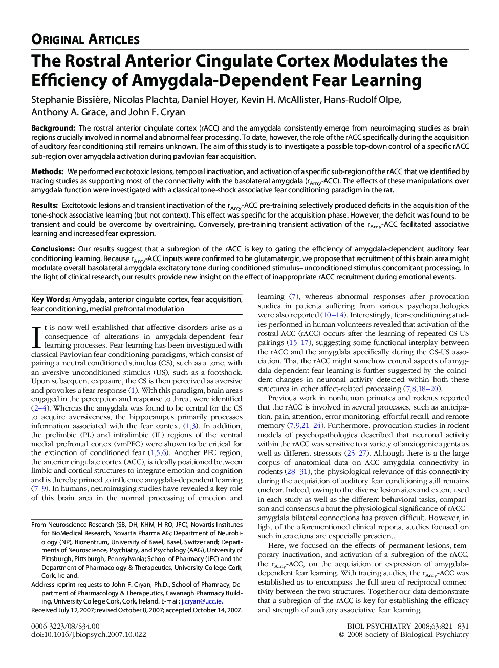 The Rostral Anterior Cingulate Cortex Modulates the Efficiency of Amygdala-Dependent Fear Learning