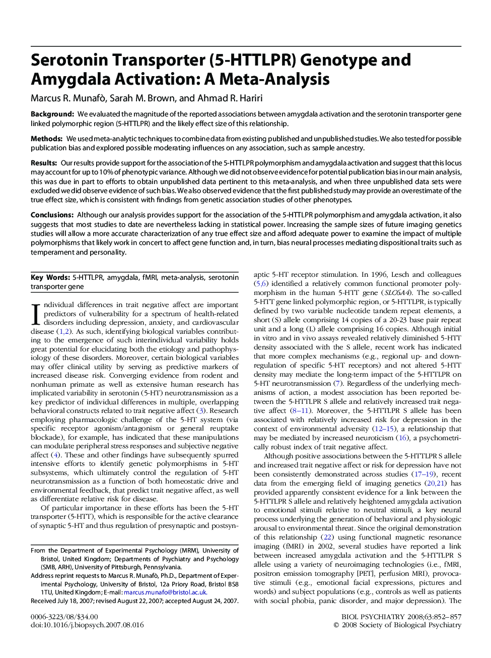 Serotonin Transporter (5-HTTLPR) Genotype and Amygdala Activation: A Meta-Analysis