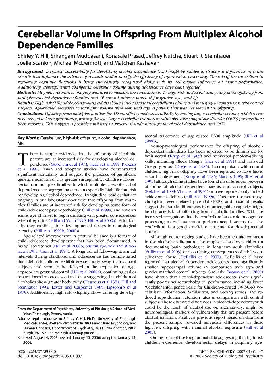 Cerebellar Volume in Offspring From Multiplex Alcohol Dependence Families