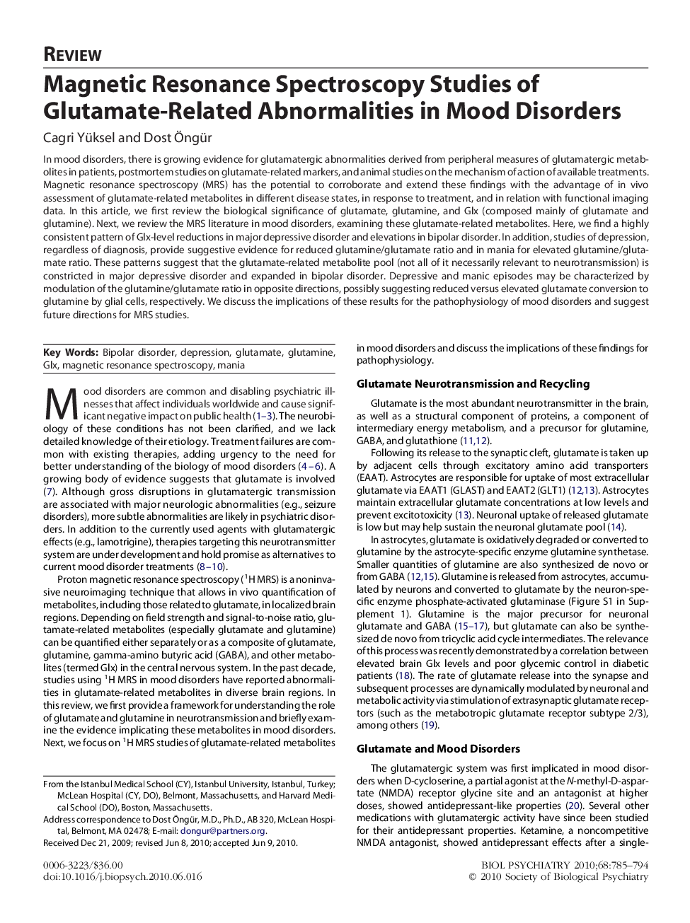 Magnetic Resonance Spectroscopy Studies of Glutamate-Related Abnormalities in Mood Disorders