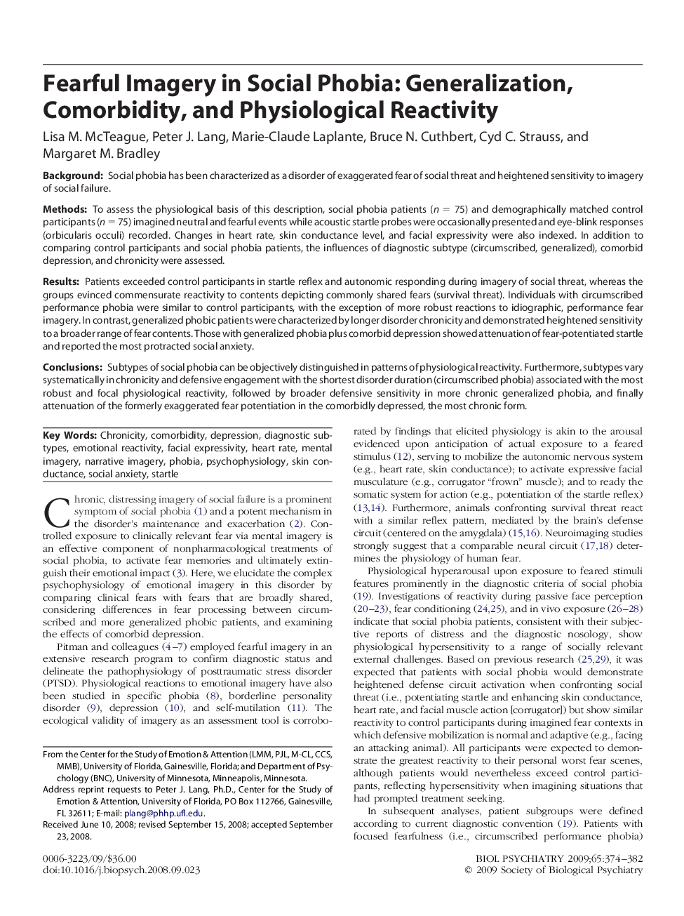 Fearful Imagery in Social Phobia: Generalization, Comorbidity, and Physiological Reactivity