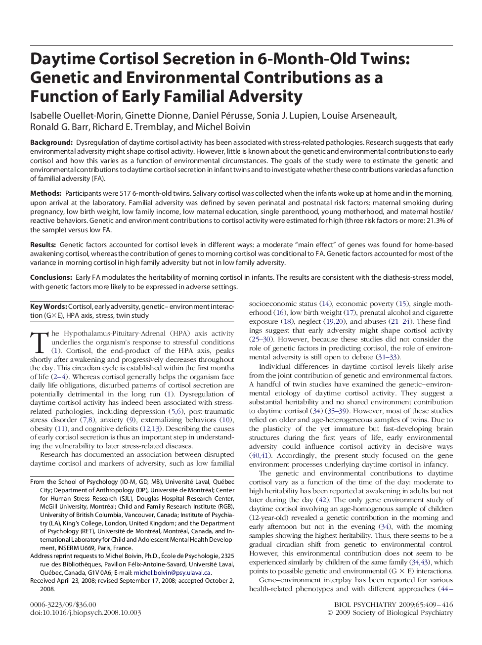 Daytime Cortisol Secretion in 6-Month-Old Twins: Genetic and Environmental Contributions as a Function of Early Familial Adversity