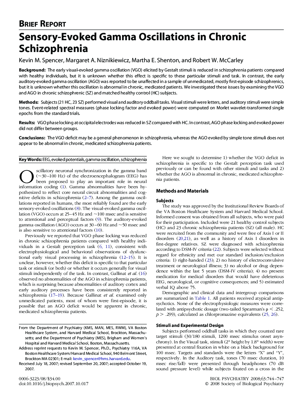 Sensory-Evoked Gamma Oscillations in Chronic Schizophrenia