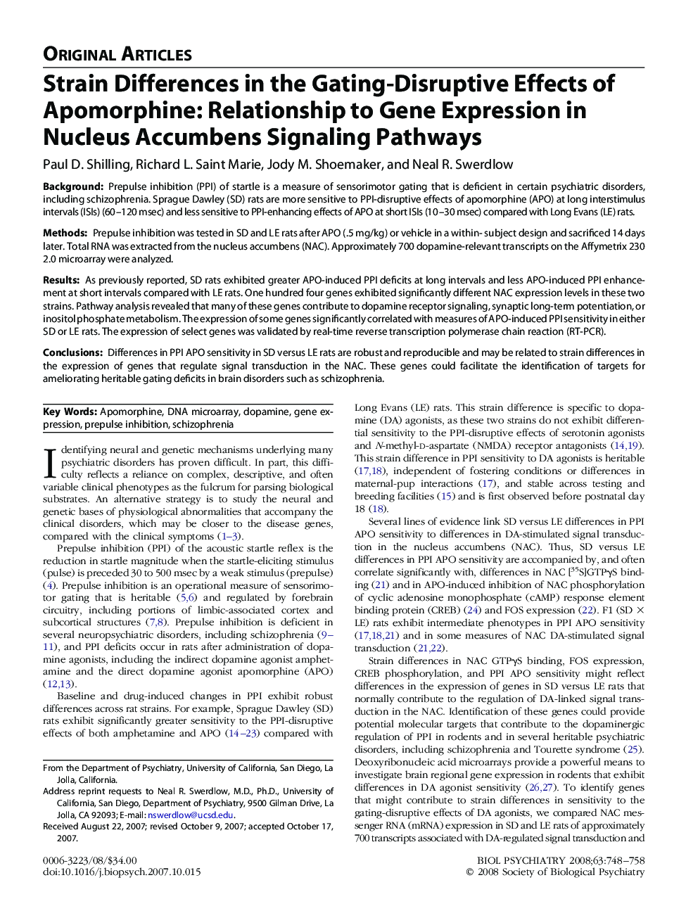 Strain Differences in the Gating-Disruptive Effects of Apomorphine: Relationship to Gene Expression in Nucleus Accumbens Signaling Pathways