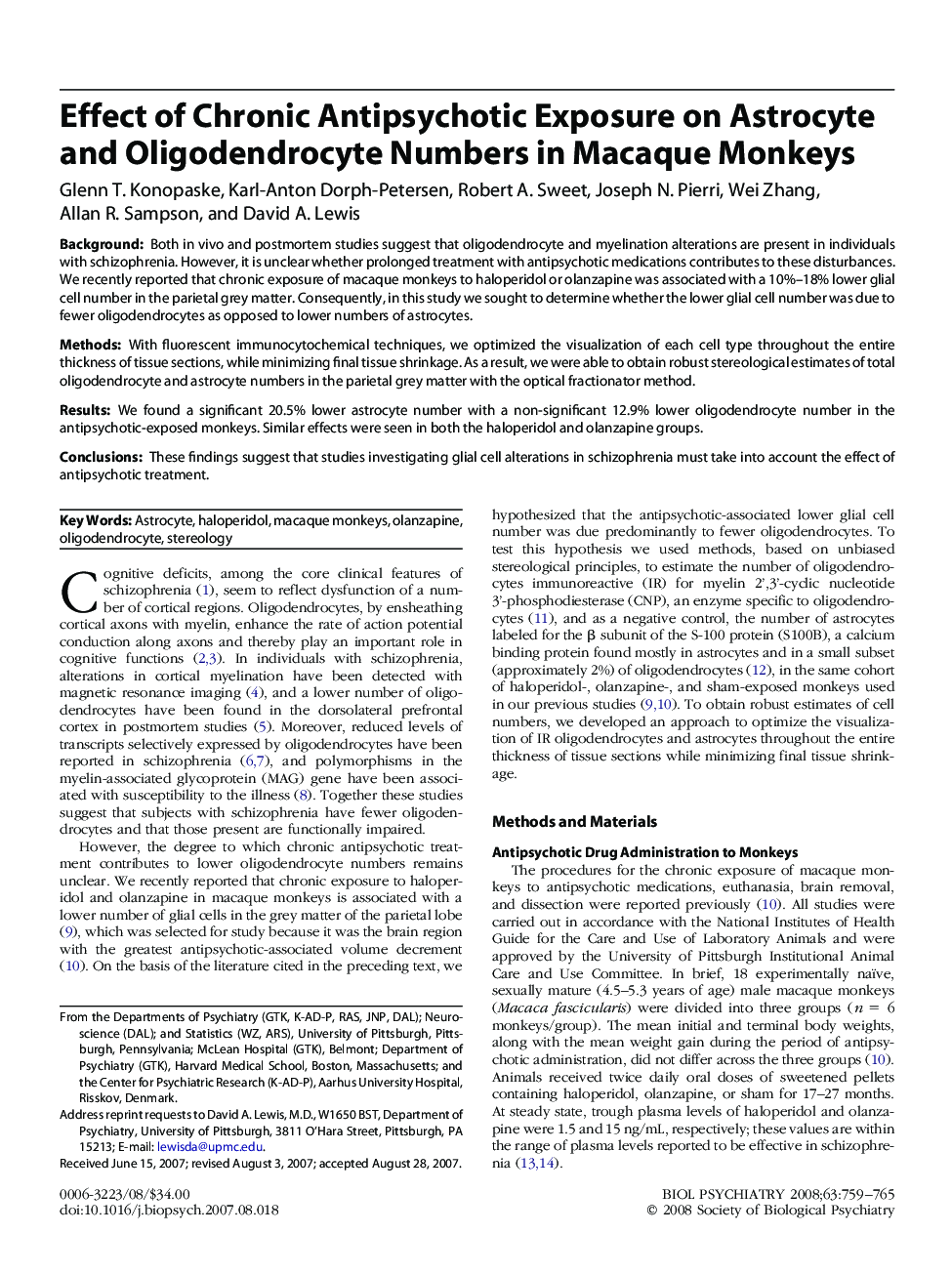 Effect of Chronic Antipsychotic Exposure on Astrocyte and Oligodendrocyte Numbers in Macaque Monkeys