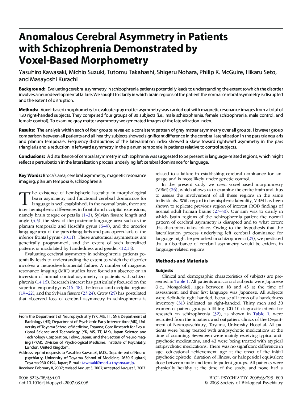 Anomalous Cerebral Asymmetry in Patients with Schizophrenia Demonstrated by Voxel-Based Morphometry