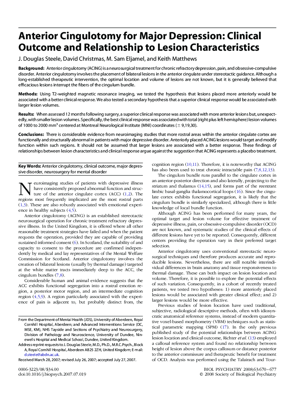 Anterior Cingulotomy for Major Depression: Clinical Outcome and Relationship to Lesion Characteristics