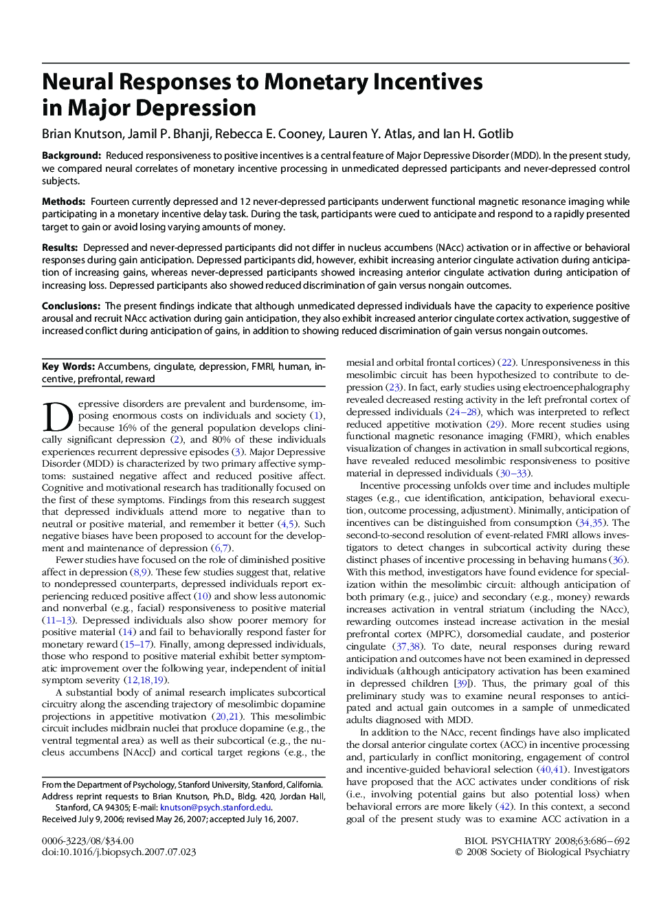 Neural Responses to Monetary Incentives in Major Depression