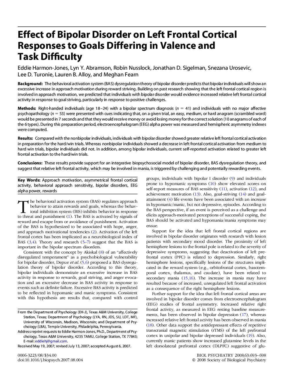 Effect of Bipolar Disorder on Left Frontal Cortical Responses to Goals Differing in Valence and Task Difficulty