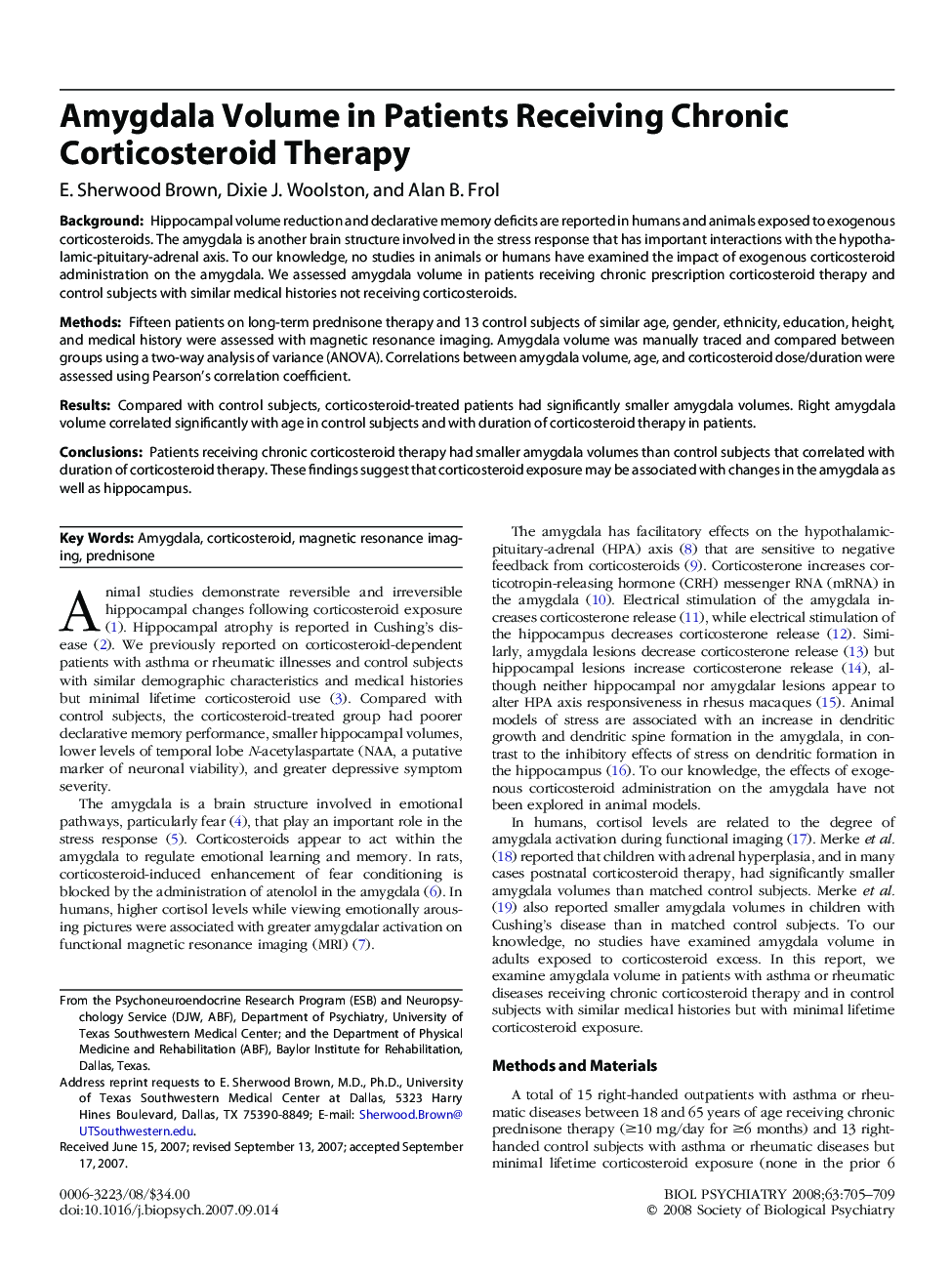 Amygdala Volume in Patients Receiving Chronic Corticosteroid Therapy