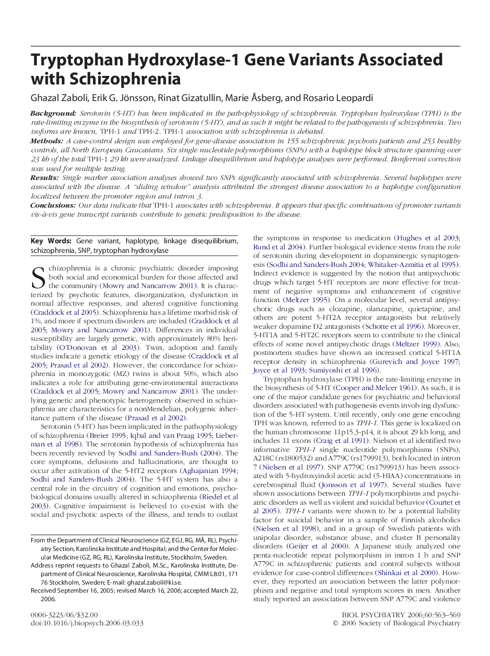 Tryptophan Hydroxylase-1 Gene Variants Associated with Schizophrenia