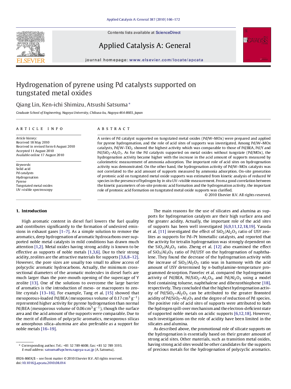 Hydrogenation of pyrene using Pd catalysts supported on tungstated metal oxides