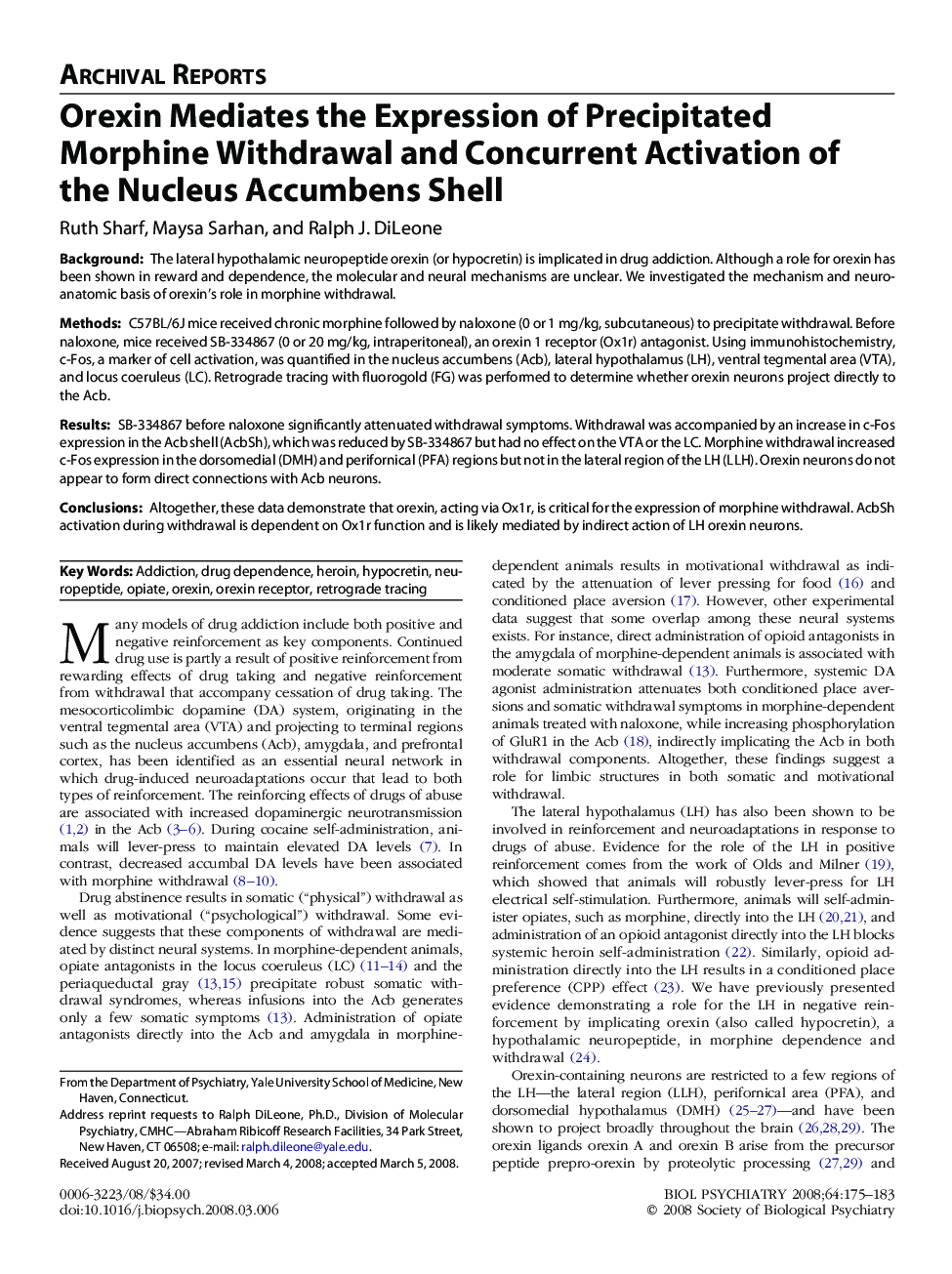 Orexin Mediates the Expression of Precipitated Morphine Withdrawal and Concurrent Activation of the Nucleus Accumbens Shell