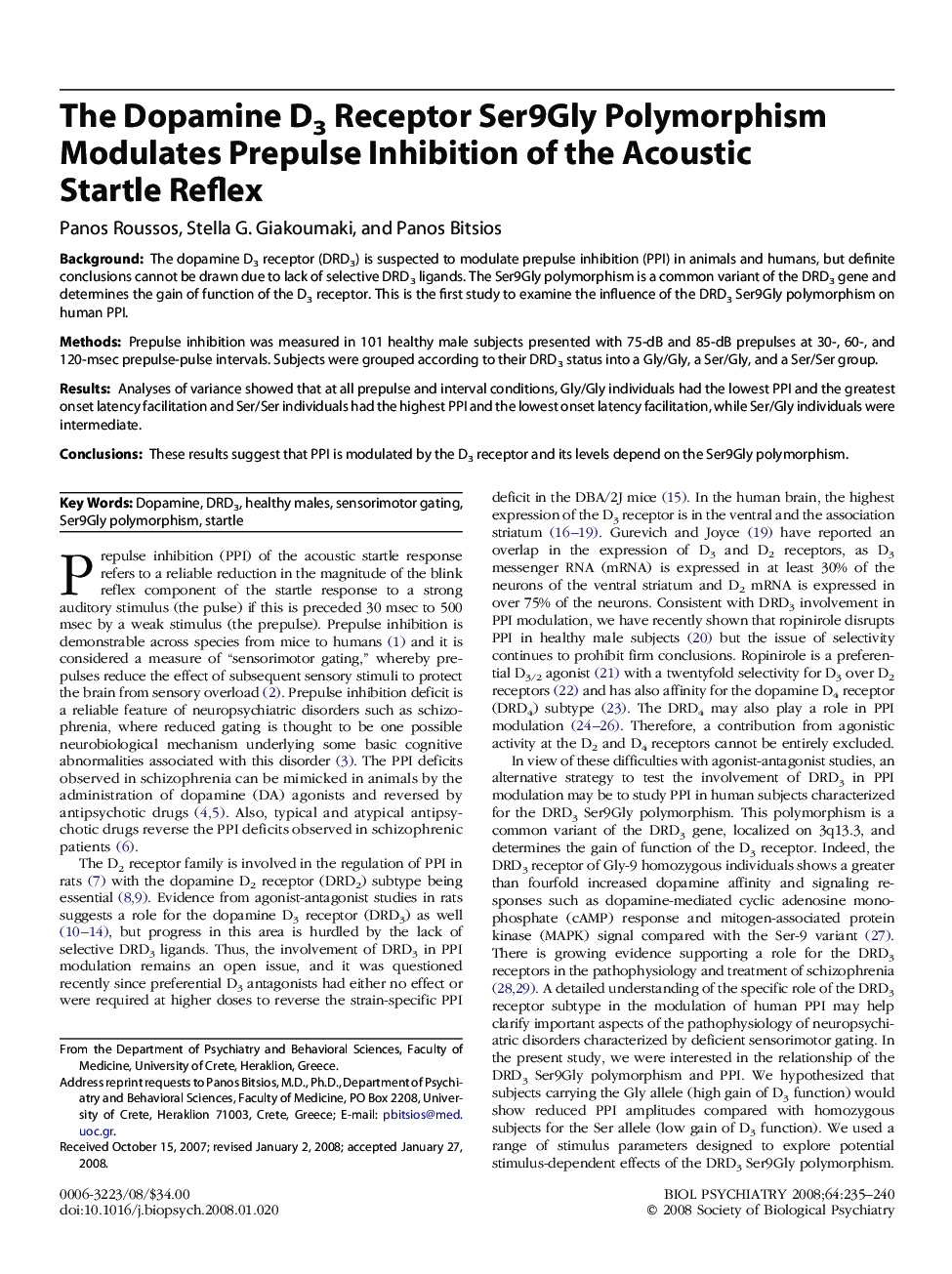 The Dopamine D3 Receptor Ser9Gly Polymorphism Modulates Prepulse Inhibition of the Acoustic Startle Reflex