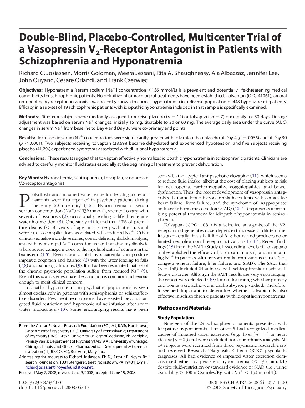 Double-Blind, Placebo-Controlled, Multicenter Trial of a Vasopressin V2-Receptor Antagonist in Patients with Schizophrenia and Hyponatremia