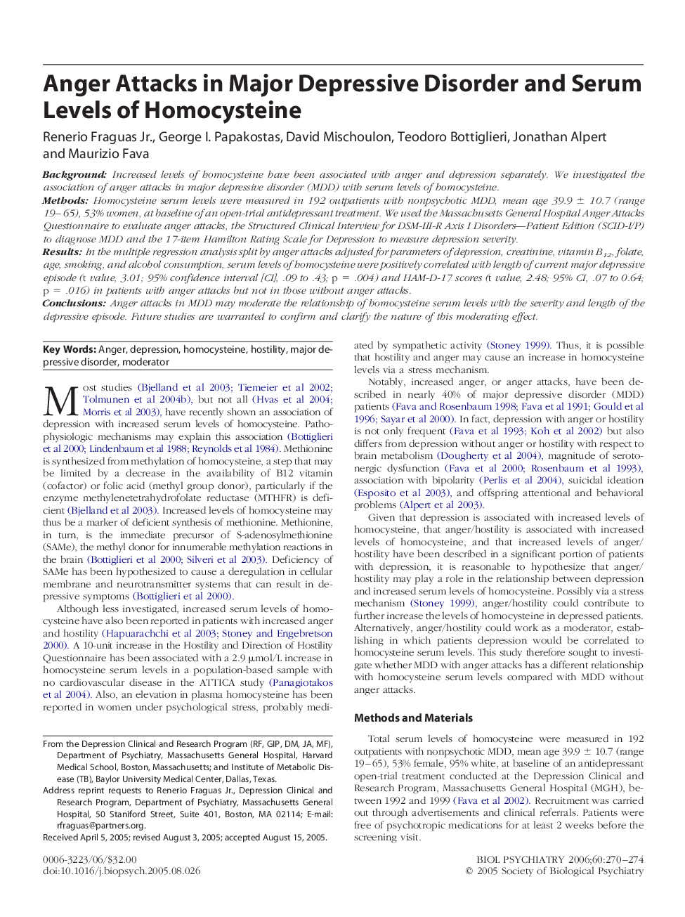 عکس صفحه اول مقاله: Anger Attacks in Major Depressive Disorder and Serum Levels of Homocysteine Anger Attacks in Major Depressive Disorder and Serum Levels of Homocysteine