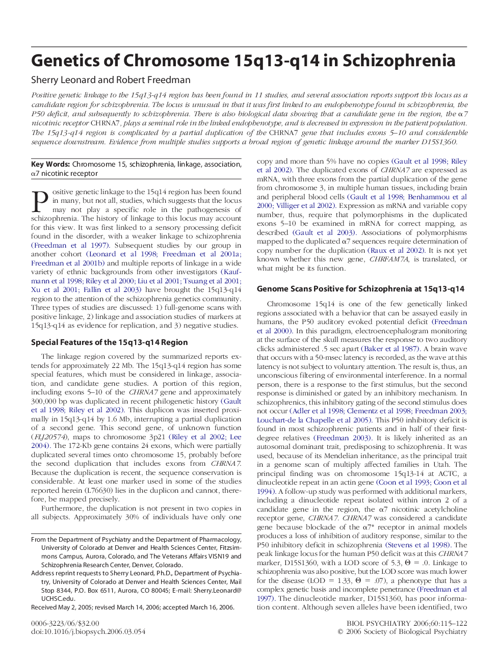 Genetics of Chromosome 15q13-q14 in Schizophrenia 