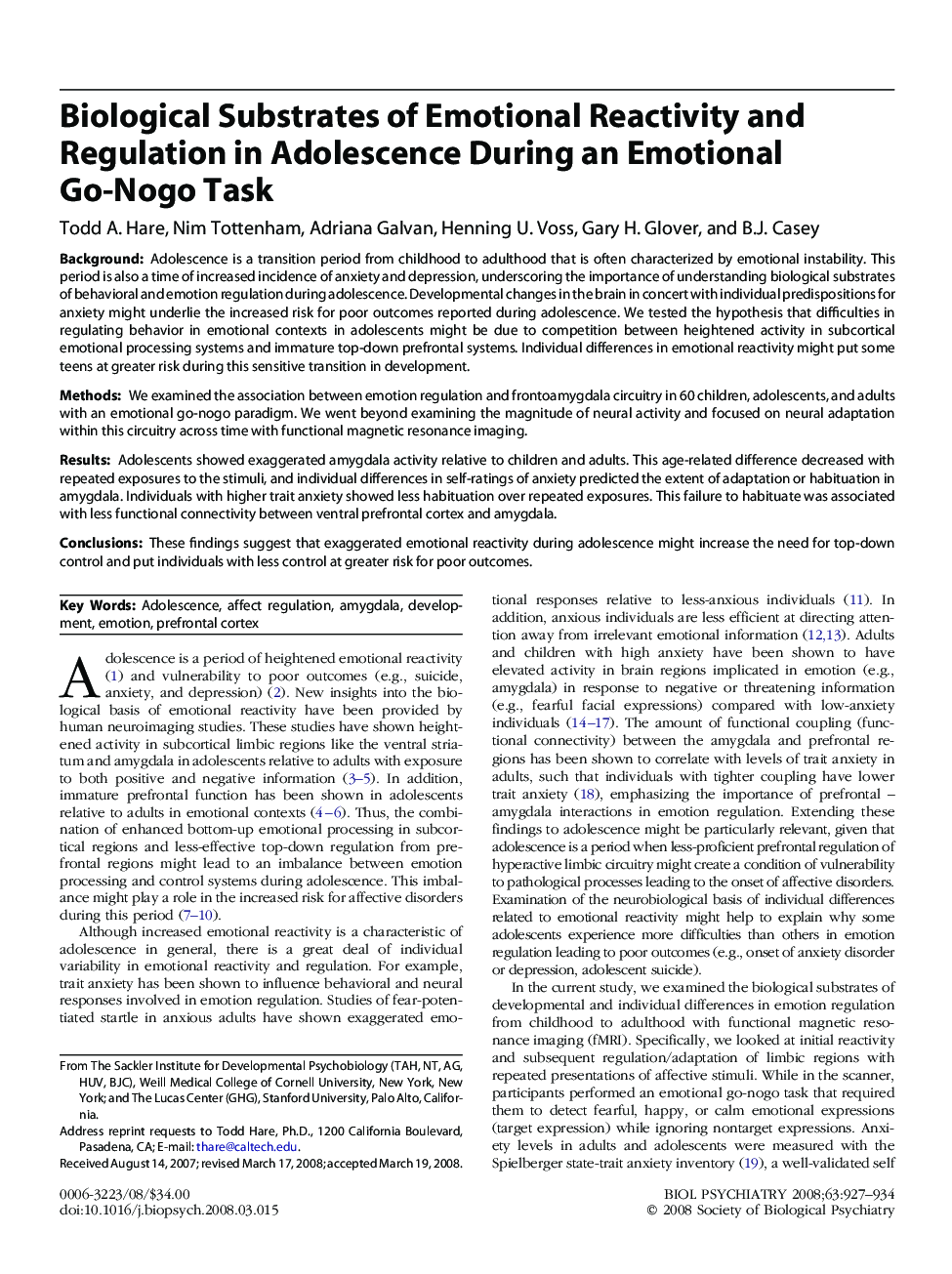 Biological Substrates of Emotional Reactivity and Regulation in Adolescence During an Emotional Go-Nogo Task