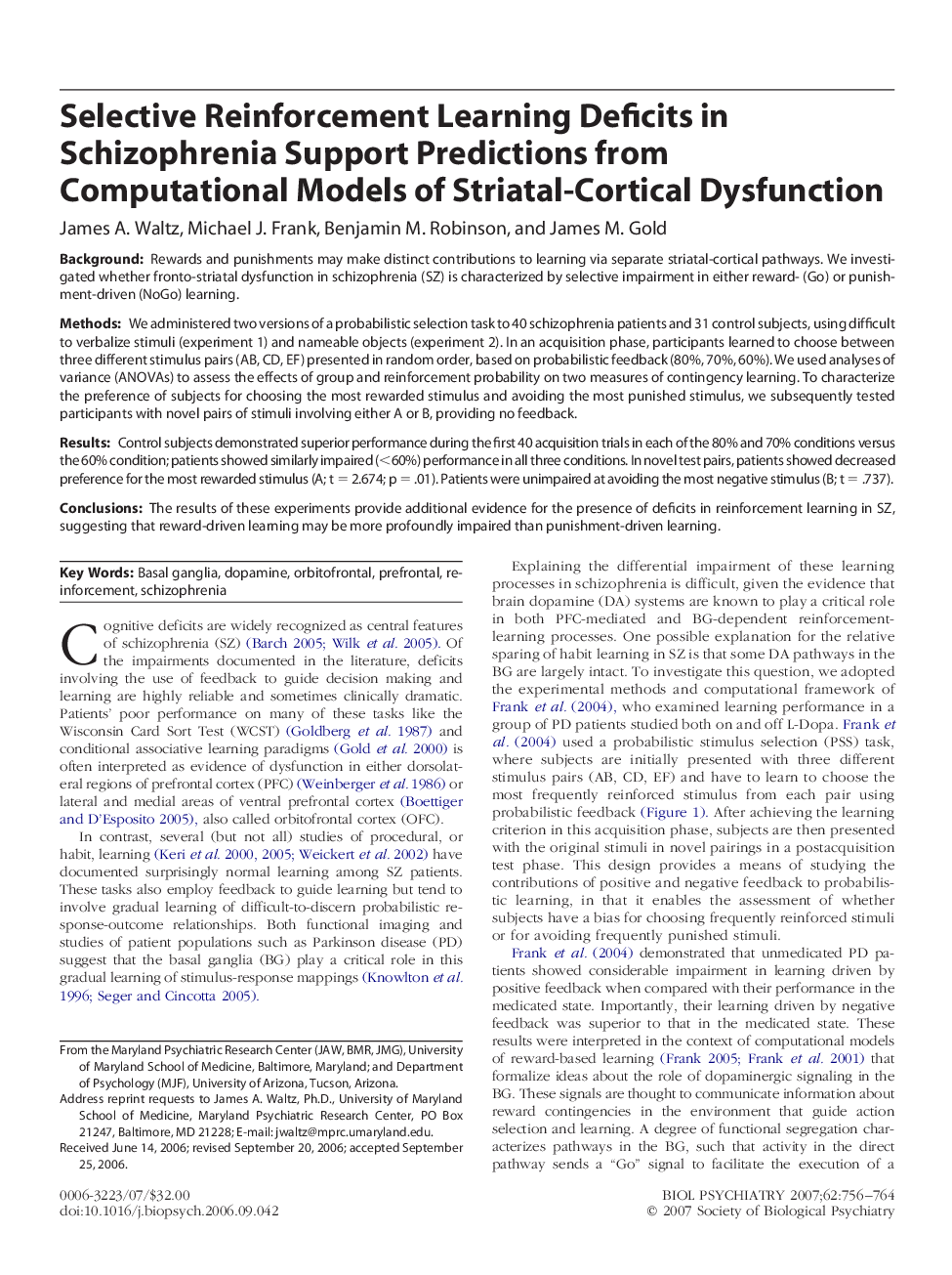 Selective Reinforcement Learning Deficits in Schizophrenia Support Predictions from Computational Models of Striatal-Cortical Dysfunction