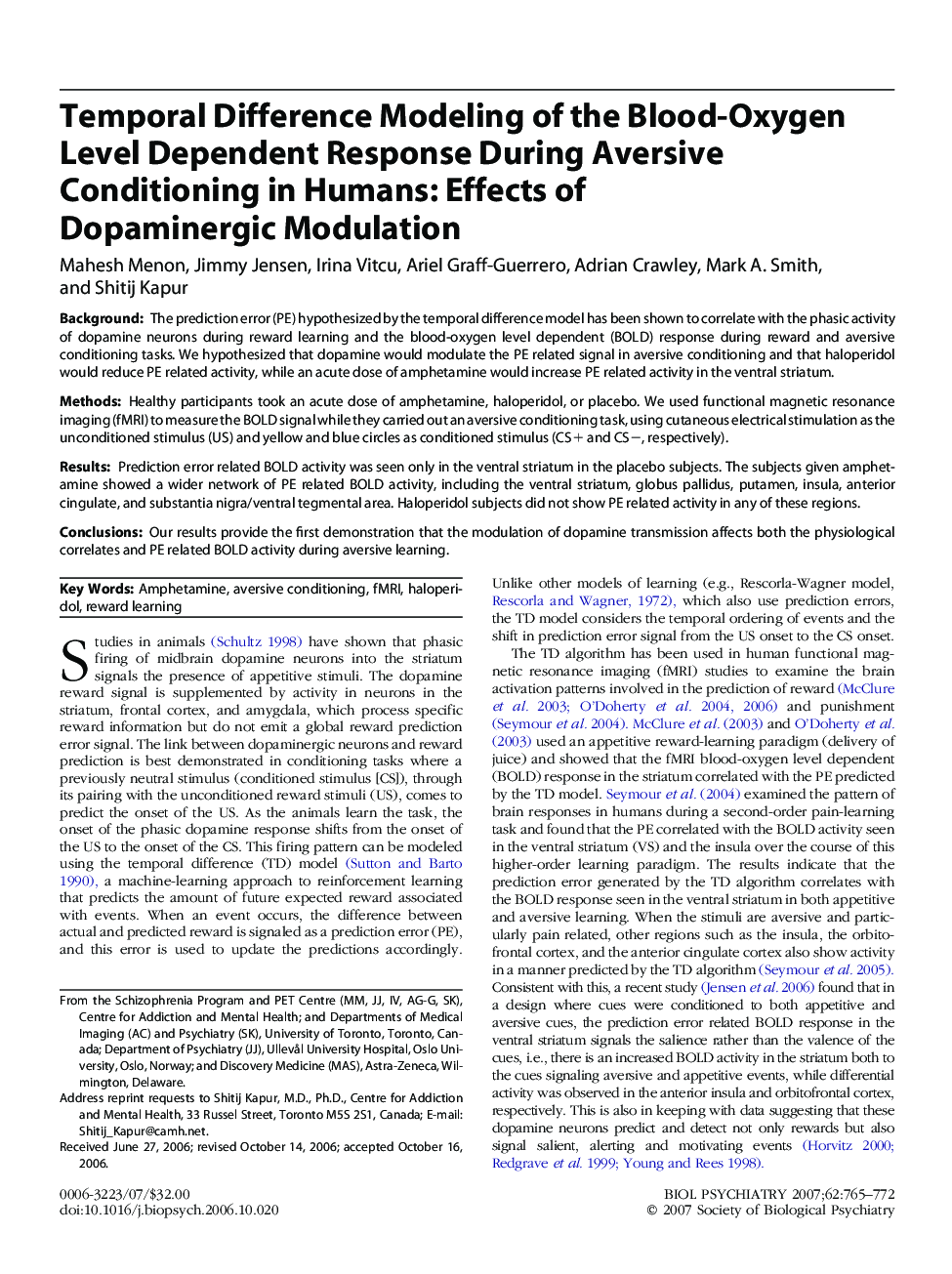 Temporal Difference Modeling of the Blood-Oxygen Level Dependent Response During Aversive Conditioning in Humans: Effects of Dopaminergic Modulation