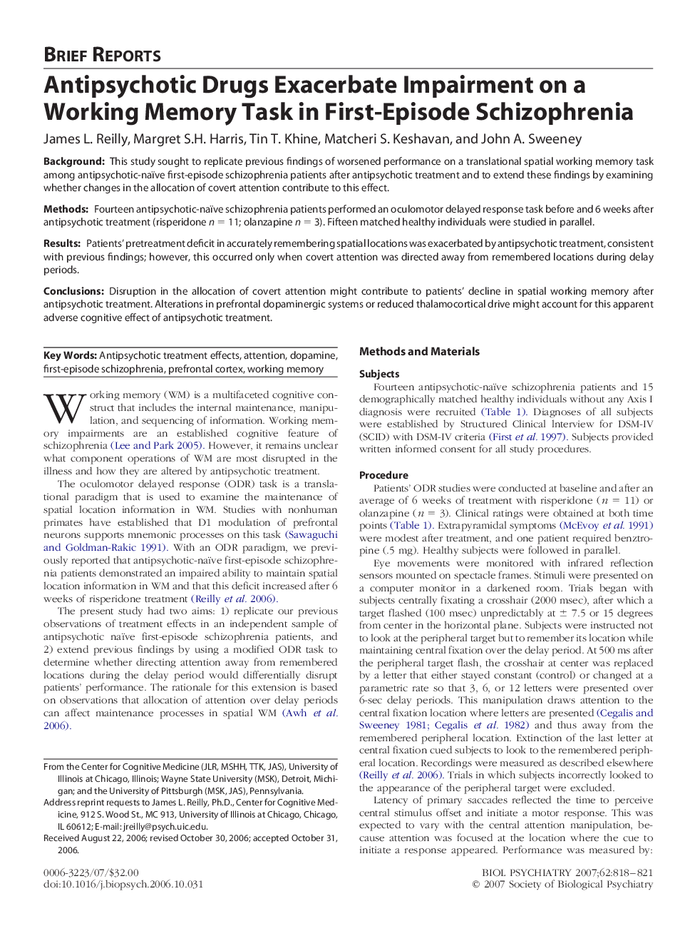 Antipsychotic Drugs Exacerbate Impairment on a Working Memory Task in First-Episode Schizophrenia