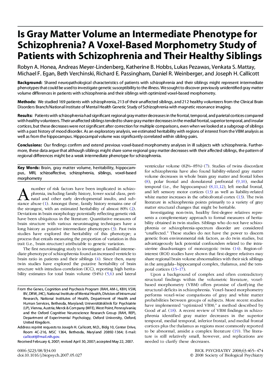 Is Gray Matter Volume an Intermediate Phenotype for Schizophrenia? A Voxel-Based Morphometry Study of Patients with Schizophrenia and Their Healthy Siblings