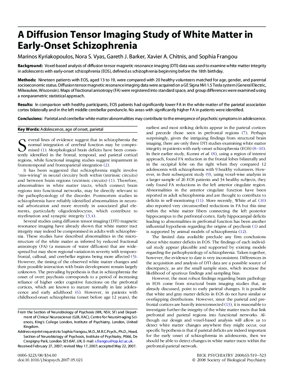 A Diffusion Tensor Imaging Study of White Matter in Early-Onset Schizophrenia