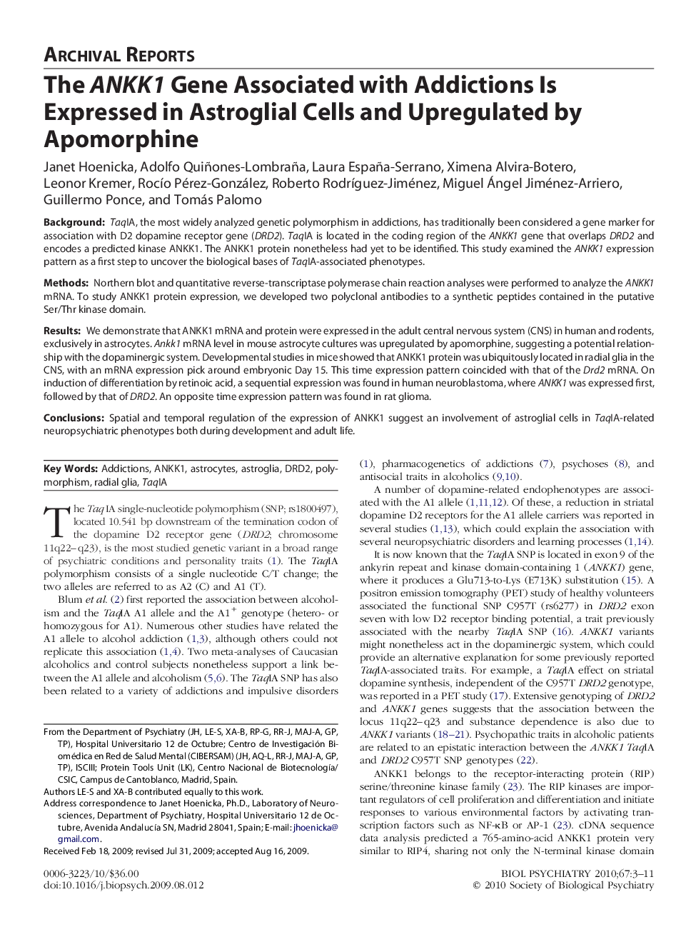 عکس صفحه اول مقاله: The ANKK1 Gene Associated with Addictions Is Expressed in Astroglial Cells and Upregulated by Apomorphine The ANKK1 Gene Associated with Addictions Is Expressed in Astroglial Cells and Upregulated by Apomorphine