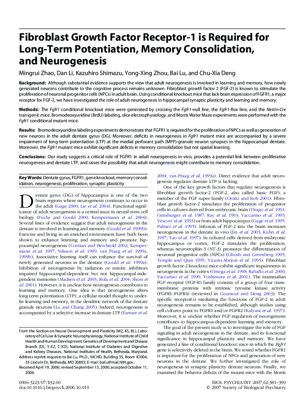 Fibroblast Growth Factor Receptor-1 is Required for Long-Term Potentiation, Memory Consolidation, and Neurogenesis