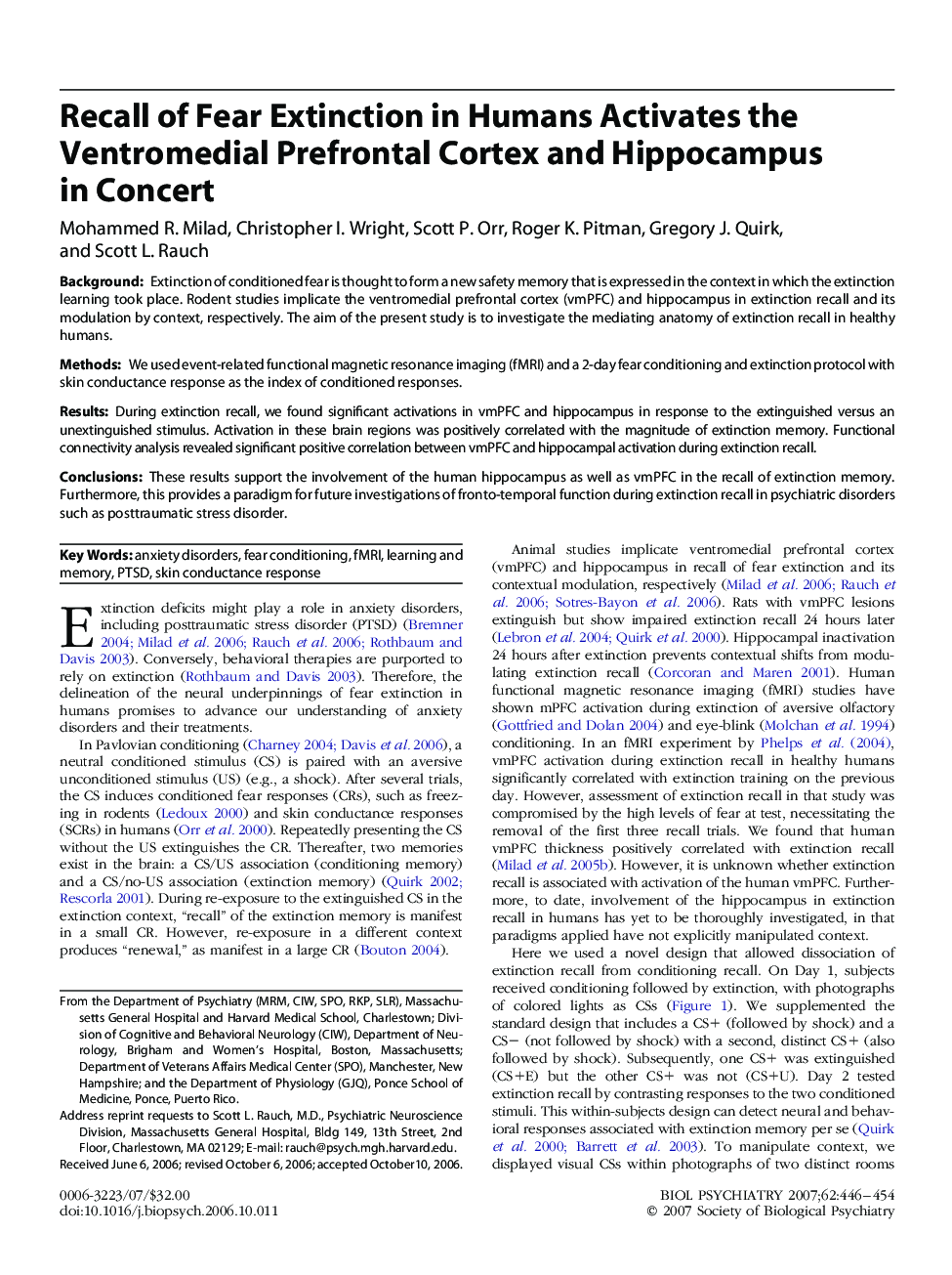 Recall of Fear Extinction in Humans Activates the Ventromedial Prefrontal Cortex and Hippocampus in Concert