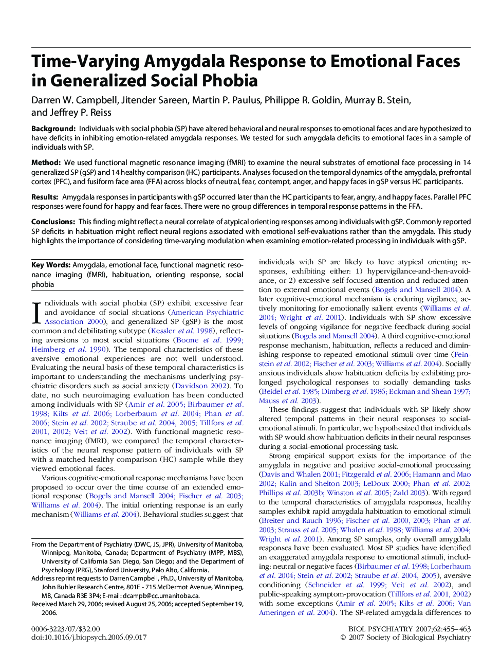 Time-Varying Amygdala Response to Emotional Faces in Generalized Social Phobia