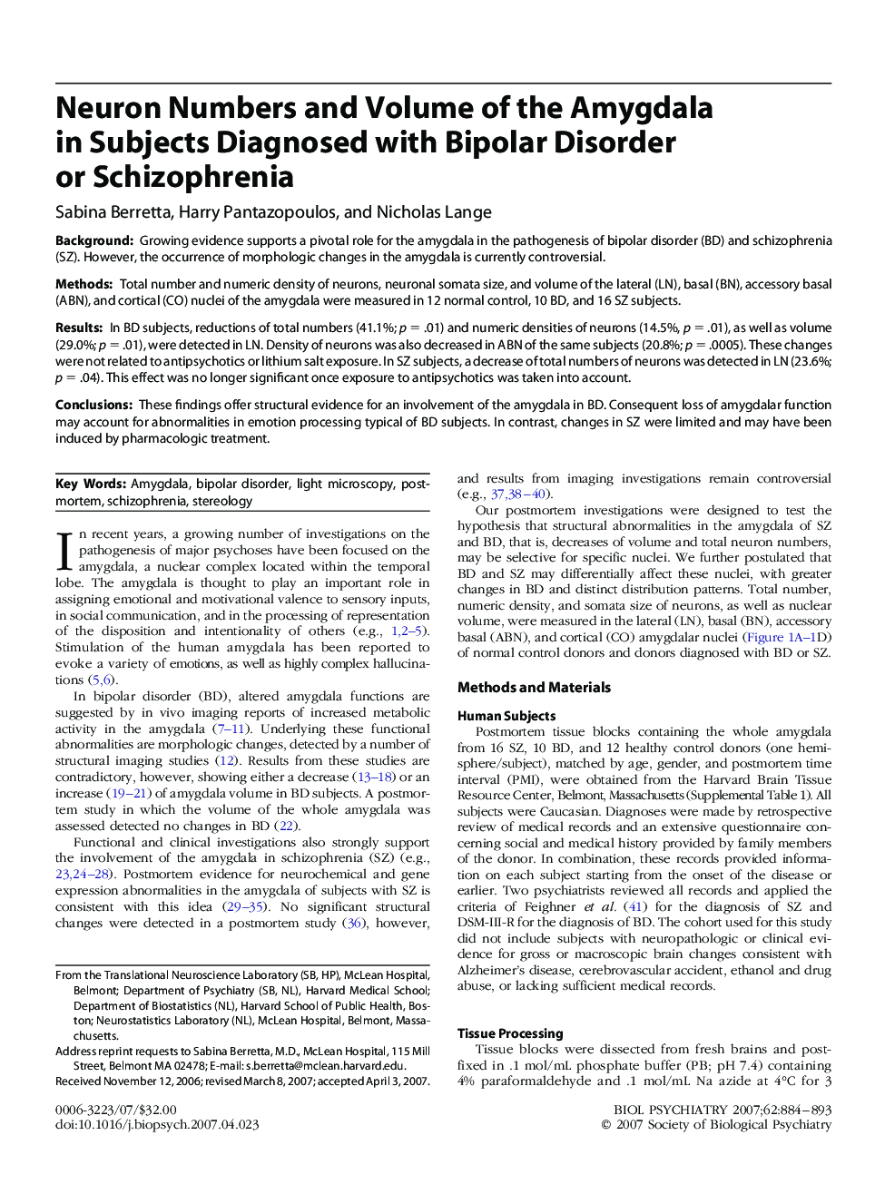 Neuron Numbers and Volume of the Amygdala in Subjects Diagnosed with Bipolar Disorder or Schizophrenia