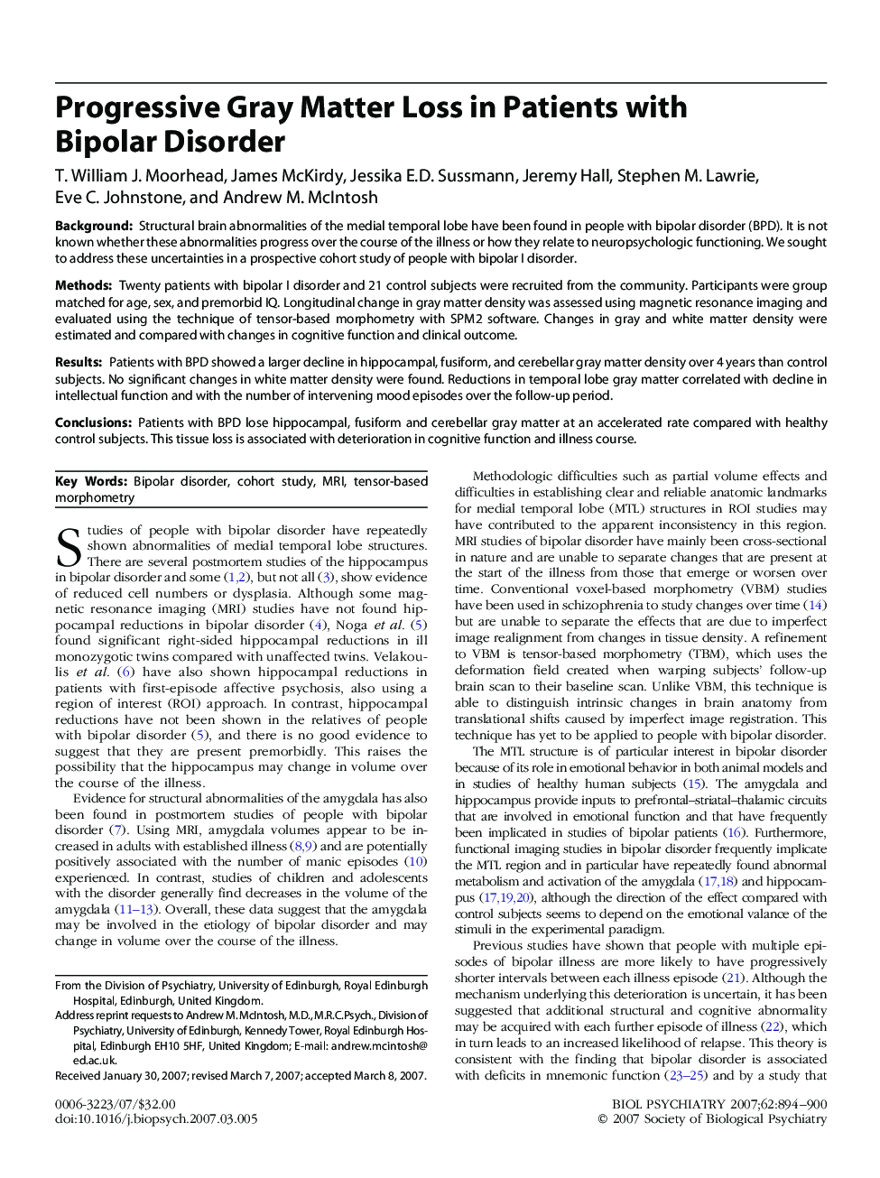 Progressive Gray Matter Loss in Patients with Bipolar Disorder