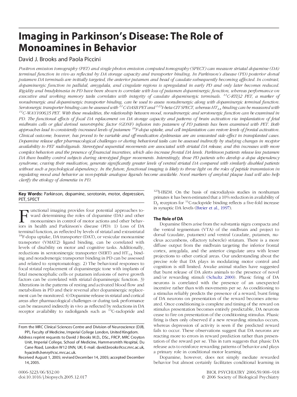 Imaging in Parkinson’s Disease: The Role of Monoamines in Behavior