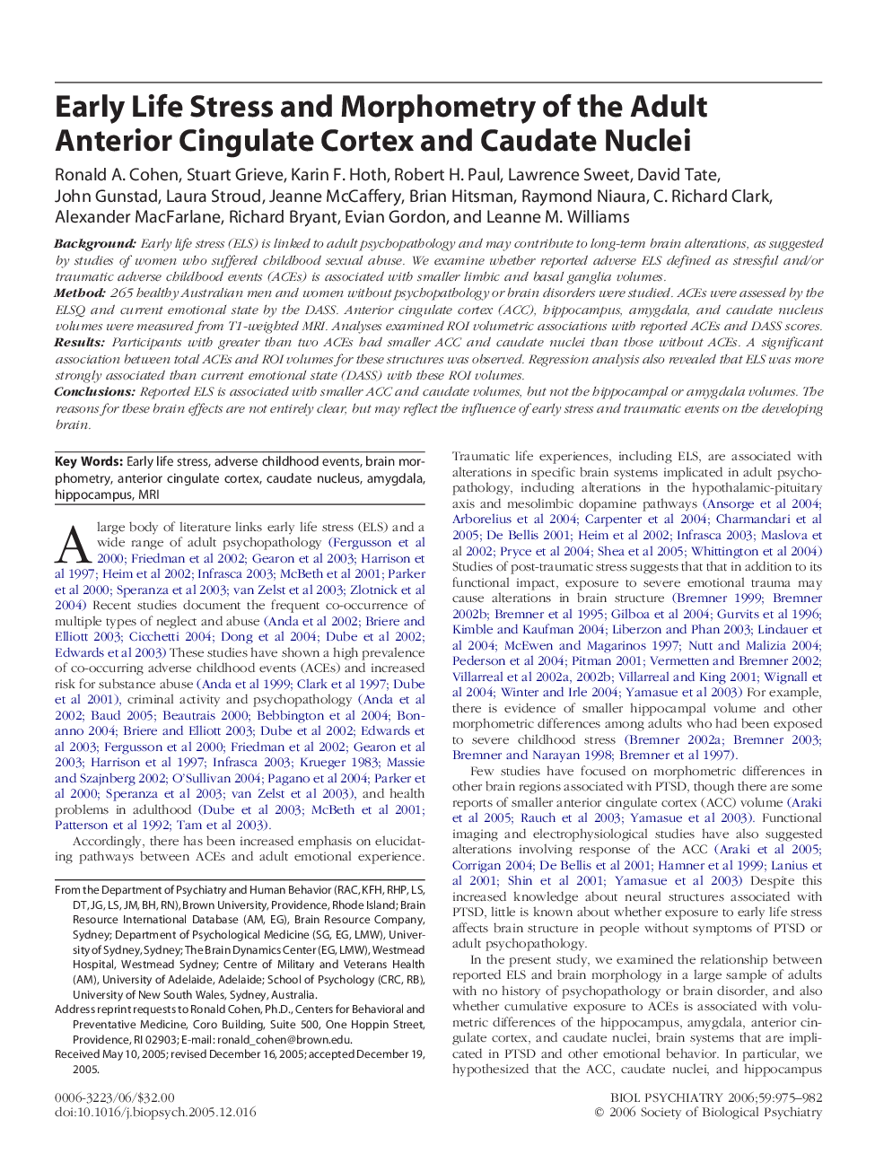 Early Life Stress and Morphometry of the Adult Anterior Cingulate Cortex and Caudate Nuclei