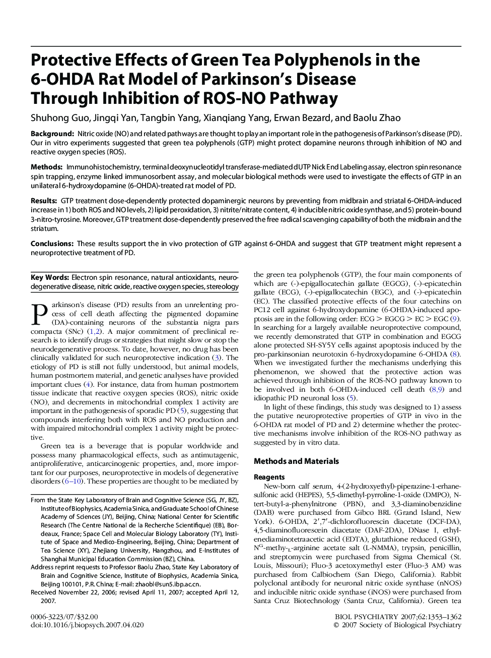 Protective Effects of Green Tea Polyphenols in the 6-OHDA Rat Model of Parkinson’s Disease Through Inhibition of ROS-NO Pathway