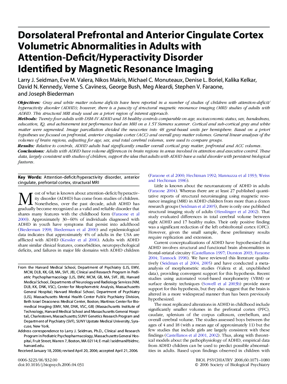 Dorsolateral Prefrontal and Anterior Cingulate Cortex Volumetric Abnormalities in Adults with Attention-Deficit/Hyperactivity Disorder Identified by Magnetic Resonance Imaging