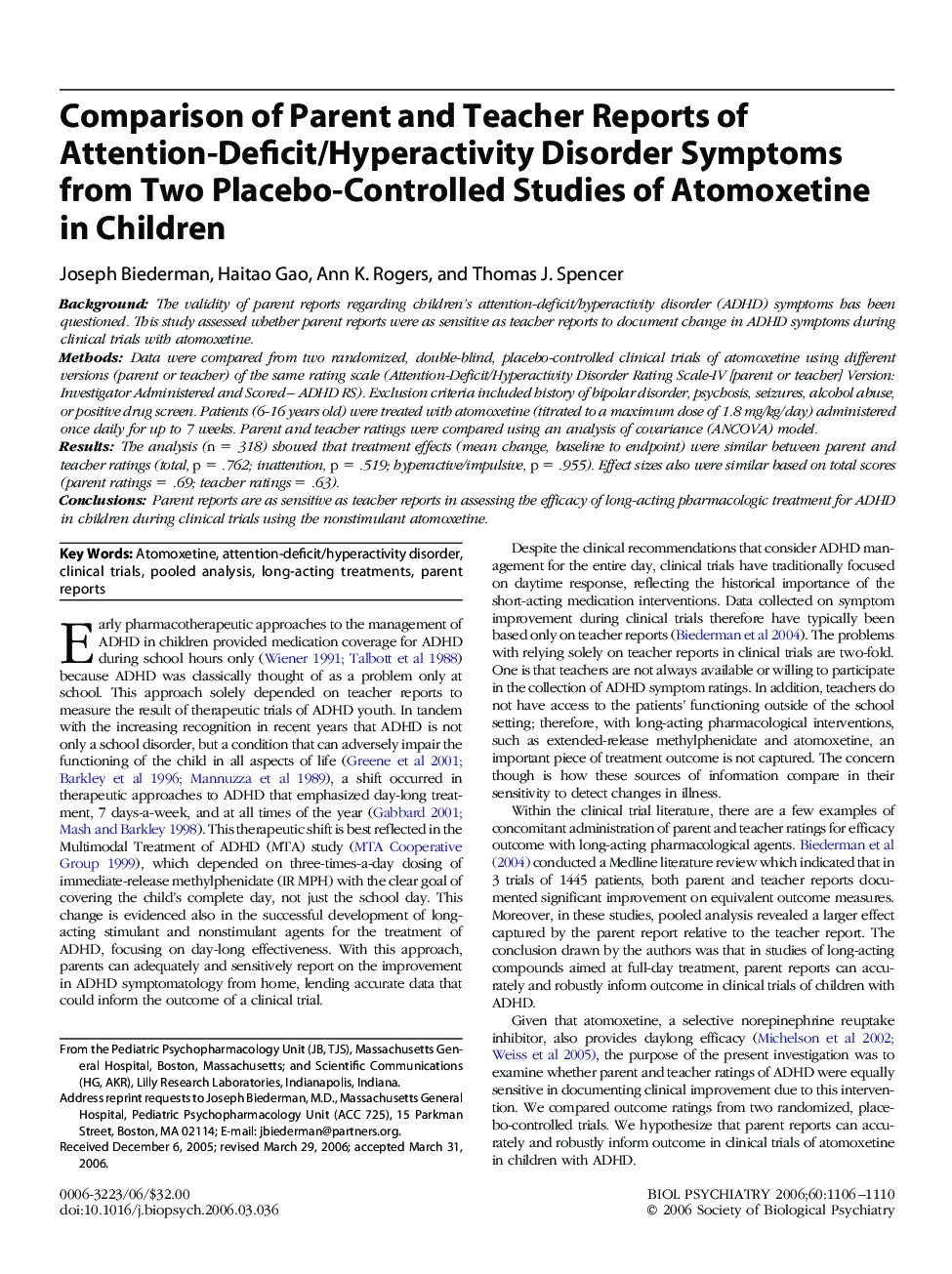 Comparison of Parent and Teacher Reports of Attention-Deficit/Hyperactivity Disorder Symptoms from Two Placebo-Controlled Studies of Atomoxetine in Children