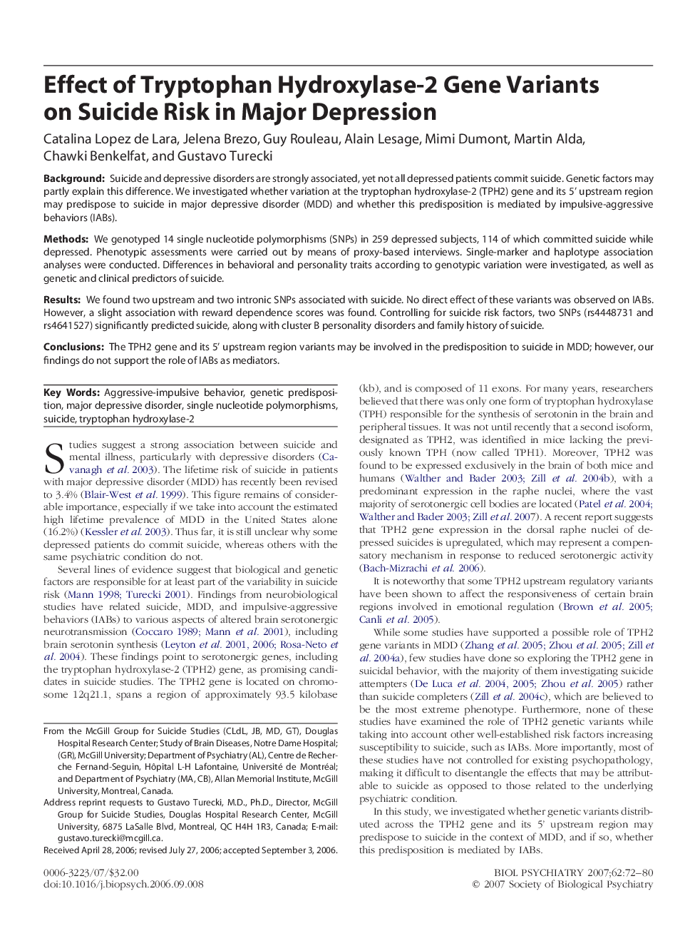 Effect of Tryptophan Hydroxylase-2 Gene Variants on Suicide Risk in Major Depression