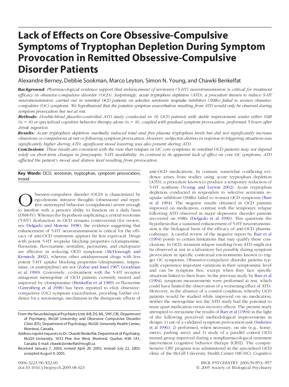 Lack of Effects on Core Obsessive-Compulsive Symptoms of Tryptophan Depletion During Symptom Provocation in Remitted Obsessive-Compulsive Disorder Patients